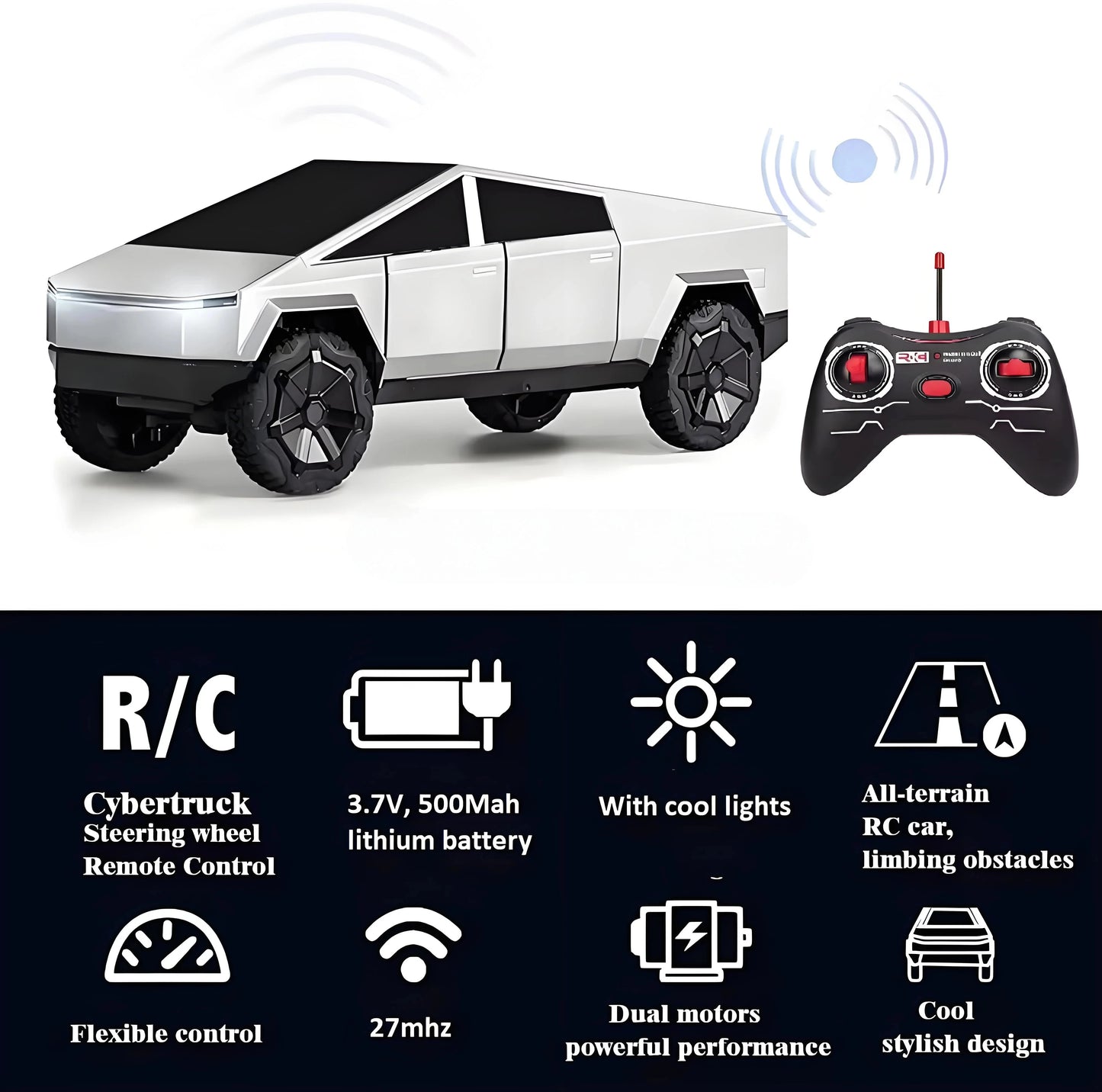 1:24 RC Cybertruck Camioneta a Control Remoto 4WD con Motores Duales, Luces LED y Juguete de Coche RC Todoterreno de 27MHz para Niños