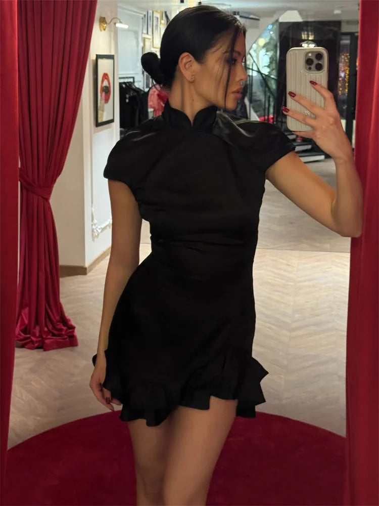 Tossy Women’s Ruffled Elegant Party Dress Short Sleeve Patchwork Slim Printed High Waist Summer Mini Dress