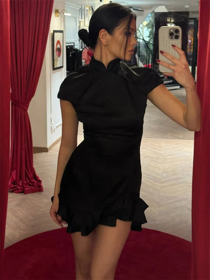 Tossy Women’s Ruffled Elegant Party Dress Short Sleeve Patchwork Slim Printed High Waist Summer Mini Dress