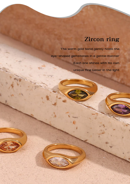 18K Gold Plated Horse Eye Zircon Signet Ring – Hypoallergenic 316L Stainless Steel Colorful Statement Ring for Women