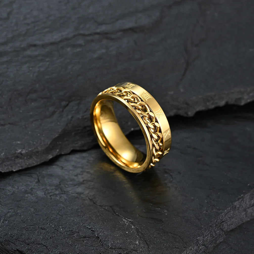 Roman Numeral Spinner Ring – Stainless Steel Chain Rotating Anxiety Fidget Ring for Men | Black Metal Stress Relief Jewelry