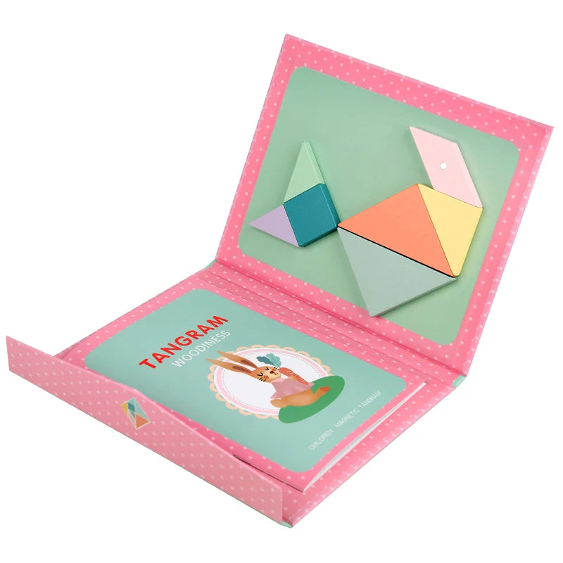 Libro magnético de tangram de madera – Juguete educativo Montessori, rompecabezas portátil para niños, infantes y desarrollo de inteligencia temprana