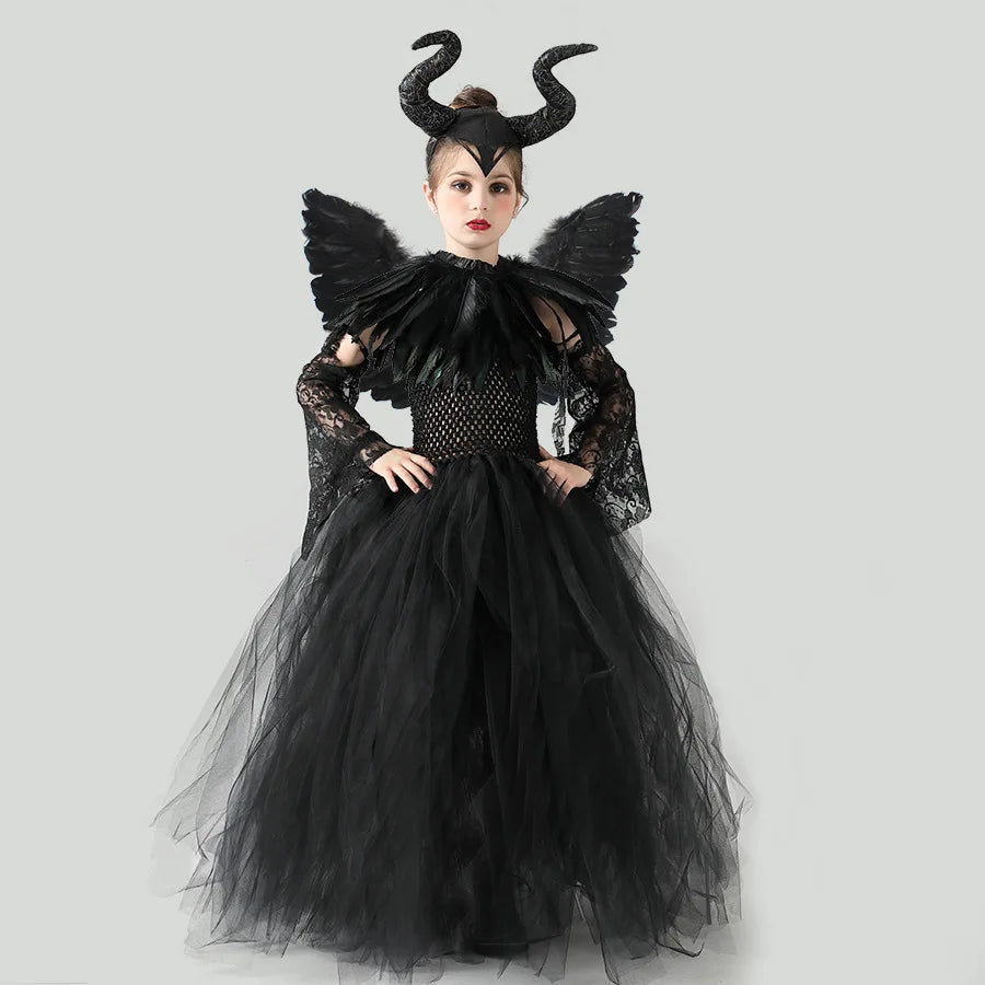 2026 Girls’ Evil Queen Halloween Costume – Black Tulle Mesh Princess Cosplay Dress, Gothic Dress-Up Outfit for Kids’ Halloween Parties