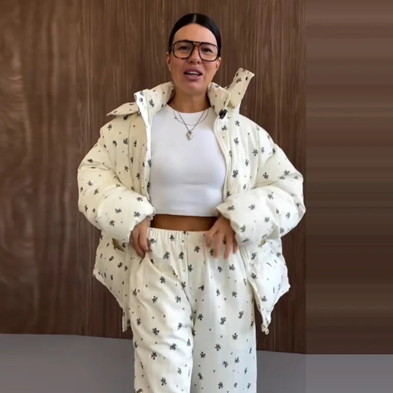 Women’s Winter Printed Coat & Pants 2-Piece Set – Warm Stand Neck Hooded Cotton Jacket with High-Waisted Pants, Chic Casual Outfit
