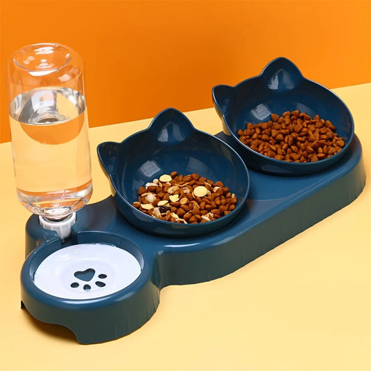 3-in-1 Tilted Cat Food & Water Bowl Set – Elevated Pet Feeder with Gravity Water Bottle, Ear Design & Neck-Friendly Bowl