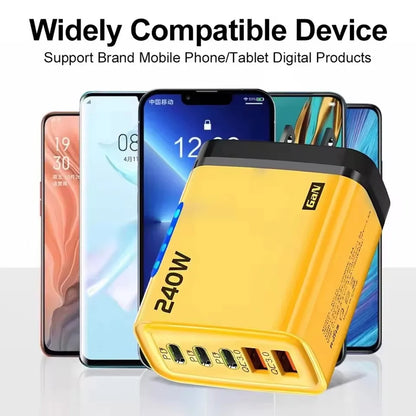 5-in-1 240W GaN Desktop Charger – 3PD + 2USB Fast Charging Adapter with 10A USB-C Cable for iPhone 17/16 Pro, Samsung & Laptops