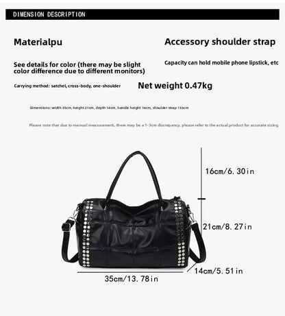 Women’s Retro Rivet Tote Bag – 2026 Fashion Motorcycle Handbag, Large Capacity PU Shoulder Bag with Detachable Strap, Vintage Style Purse for Daily Commuting, Travel & Casual Outfits