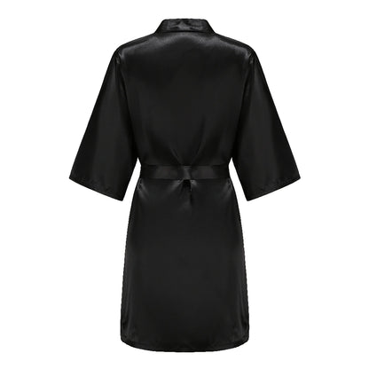 Women’s Black Satin Robe – Silky Kimono Bridal Wedding Bridesmaid Loungewear Dressing Gown