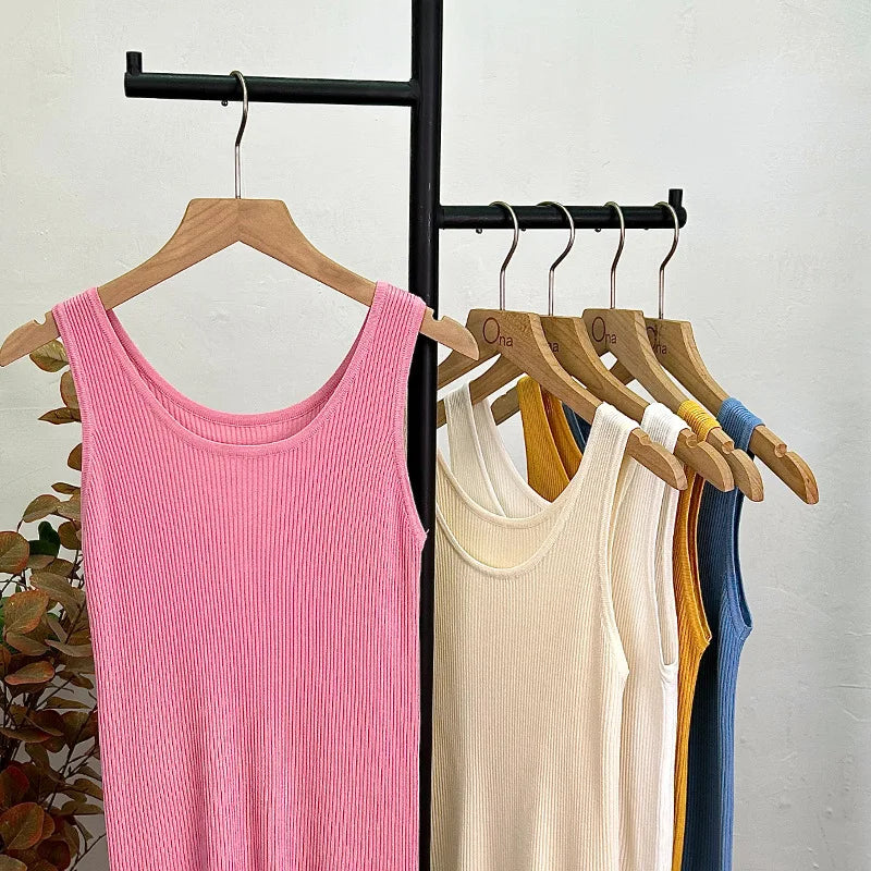 Haut court décontracté basique en tricot à col en U sans manches et de couleur unie pour femme, idéal pour l'automne