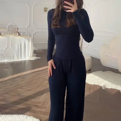 Ensemble deux pièces pour femme, comprenant un haut à col rond et manches longues et un pantalon taille élastique, décontracté pour l'automne