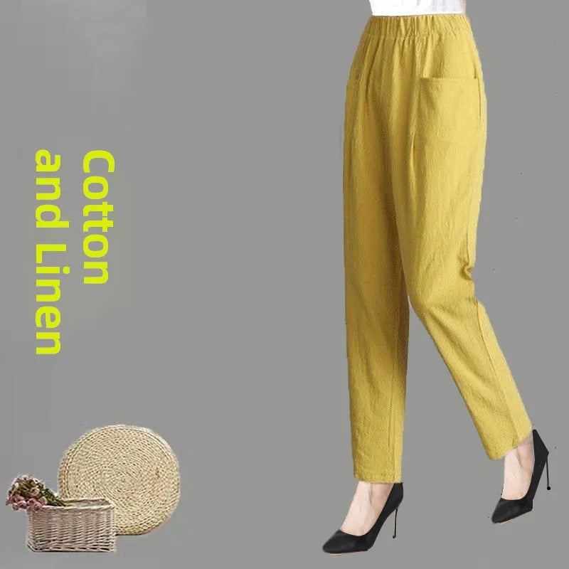 Women's Summer Cotton Harem Pants – Lightweight Loose High-Waist Cropped Trousers, Korean-Style Casual Plus Size Pants