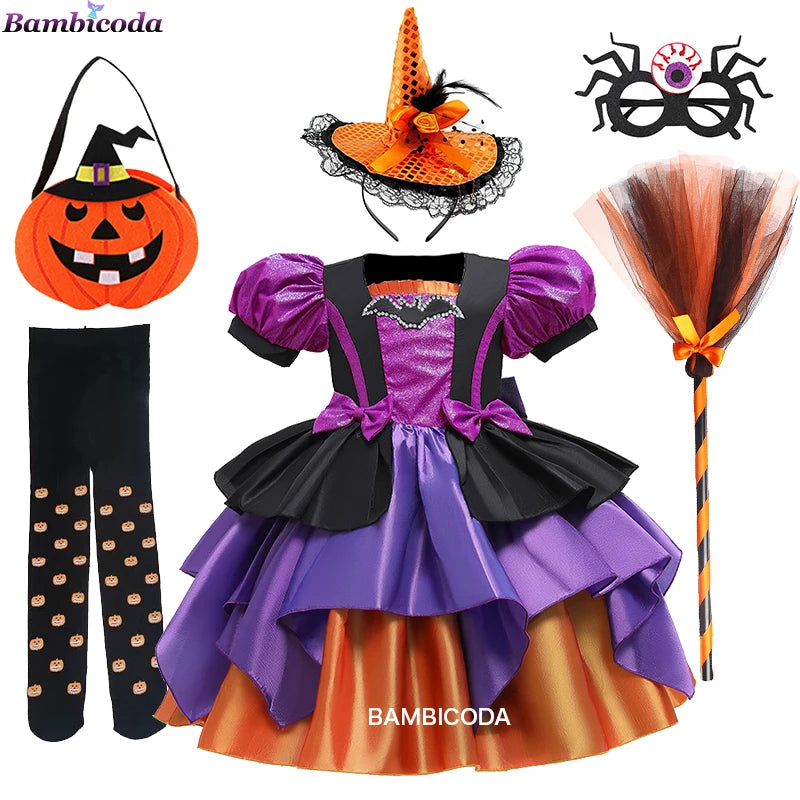 Girls Pumpkin Halloween Costume Dress – Fancy Bat Print Witch Princess Ball Gown for Cosplay, Festival & Party