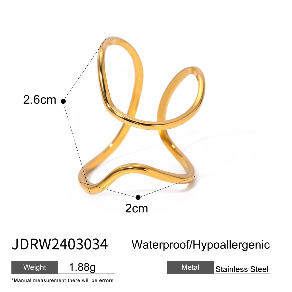 Bague creuse ajustable plaquée or 18 carats - Bague de mode minimaliste en acier inoxydable pour femme