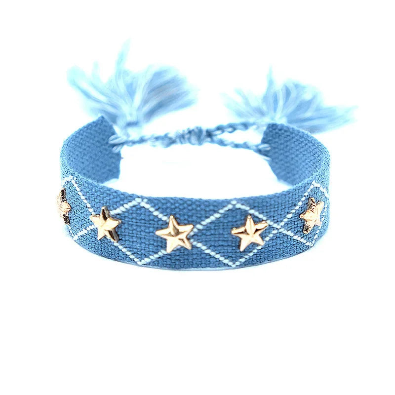 Bohemian Star Tassel Bracelet – Handmade Woven Alloy Gold Rivet Wrist Strap for Women | Ethnic Fashion Jewelry Gift