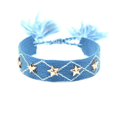 Bohemian Star Tassel Bracelet – Handmade Woven Alloy Gold Rivet Wrist Strap for Women | Ethnic Fashion Jewelry Gift