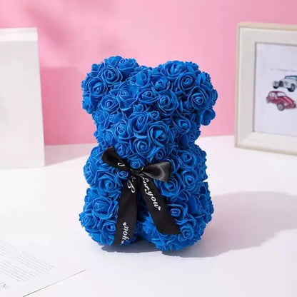 Oso de rosas artificiales de 25 cm con caja de regalo – Regalo romántico para ella en San Valentín, aniversario y boda