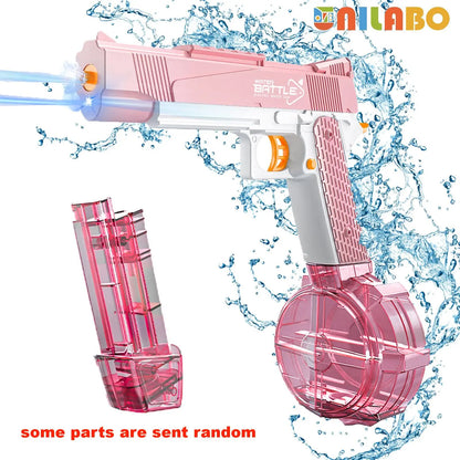 Pistola de agua eléctrica Unilabo M416 – Lanza agua automática a batería con accesorio de botella externa para diversión veraniega al aire libre para niños y adultos