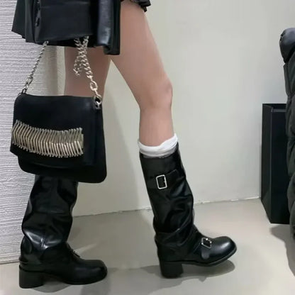 Botas altas de plataforma hasta la rodilla para mujer – Botas de moto de piel estilo gótico punk con tacón grueso, calzado de moda estilo New Rock