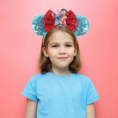 Diadema de orejas de Mickey Mouse de Lilo & Stitch – Lazo de lentejuelas de 5" Accesorio para el cabello de dibujos animados para mujeres y niñas | Diadema para fiestas y festivales