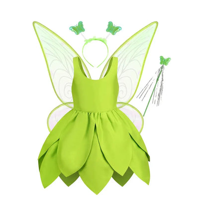 Tinker Bell Fairy Dress for Girls – Fantasy Forest Elf Green Leaf Cosplay Costume for Baby & Kids, Halloween Dress-Up