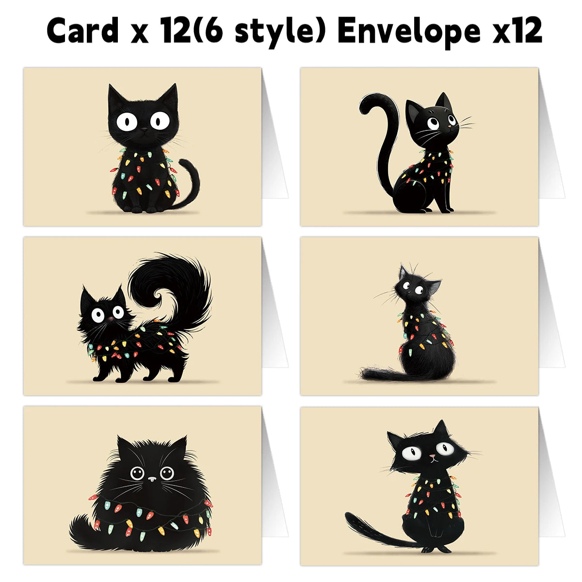 12PCS Christmas Black Cat Greeting Cards with Envelopes – Festive Holiday Stationery for Warm Wishes, Card Exchange & Party Decor