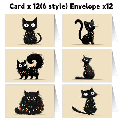 12PCS Christmas Black Cat Greeting Cards with Envelopes – Festive Holiday Stationery for Warm Wishes, Card Exchange & Party Decor