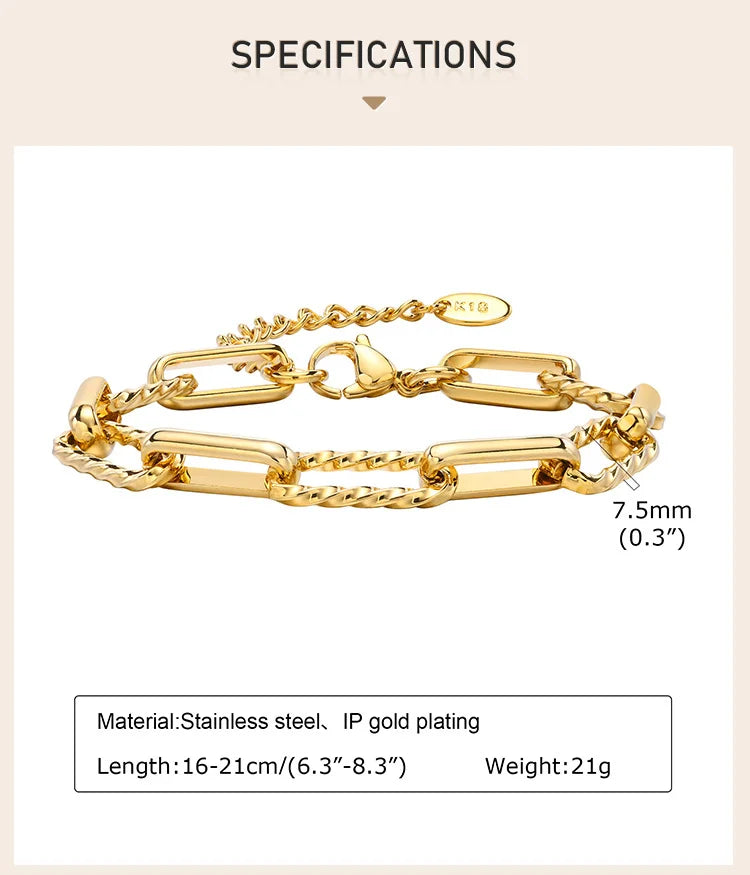 18K Gold Plated Stainless Steel Paperclip Chain Bracelet – Adjustable Twist Link Chunky Stackable Bracelet for Women