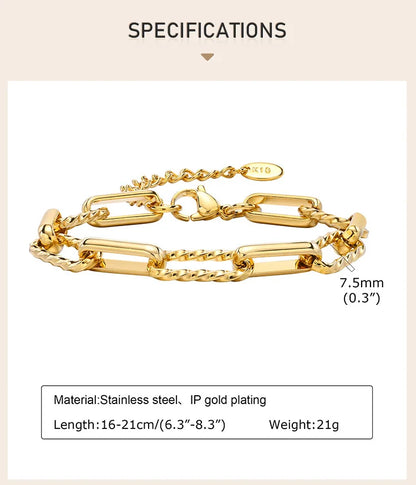 18K Gold Plated Stainless Steel Paperclip Chain Bracelet – Adjustable Twist Link Chunky Stackable Bracelet for Women