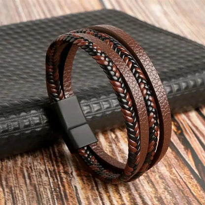 Pulsera de cuero clásica para hombre – Pulsera multicapa tejida a mano para hombre | Accesorio de joyería de moda casual, regalo