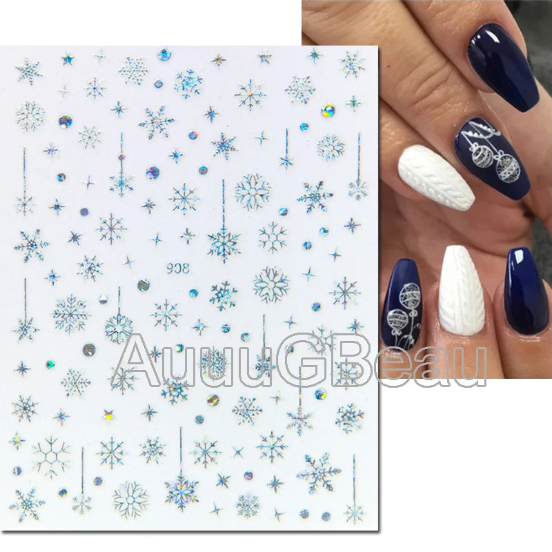 3D Christmas Nail Art Stickers – Snowflake & Winter Tree Nail Decals for Nail Tips Decoration