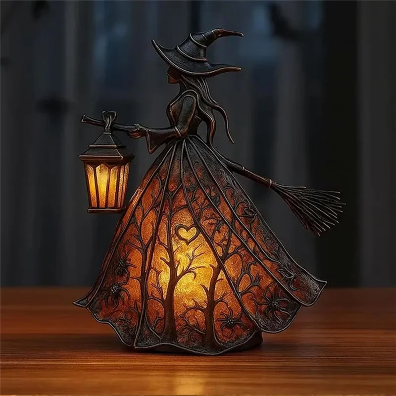 AT44 Halloween Witch Table Lamp – Gothic Spooky Light with Holding Lantern Design for Home, Porch & Halloween Party Decor