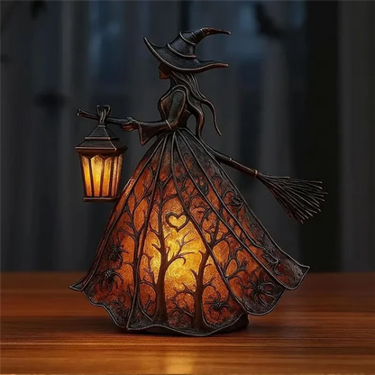 AT44 Halloween Witch Table Lamp – Gothic Spooky Light with Holding Lantern Design for Home, Porch & Halloween Party Decor