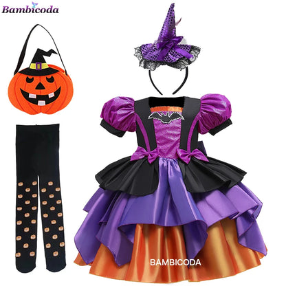 Girls Pumpkin Halloween Costume Dress – Fancy Bat Print Witch Princess Ball Gown for Cosplay, Festival & Party
