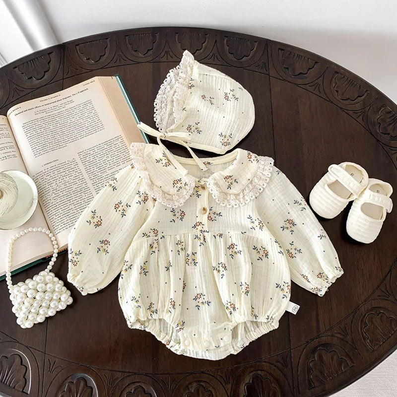 Conjunto de 2 piezas de pelele floral con sombrero para bebé, mameluco con solapa para recién nacida, conjunto de primavera