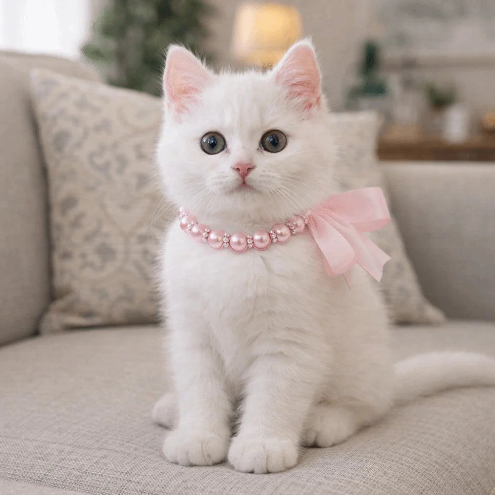 Adjustable Pearl Pet Collar – Bling Simulated Pearl Beaded Necklace with Elegant Bow Knot Ribbon for Cats & Small Dogs