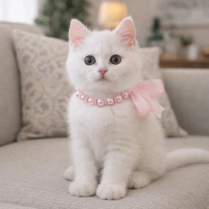 Adjustable Pearl Pet Collar – Bling Simulated Pearl Beaded Necklace with Elegant Bow Knot Ribbon for Cats & Small Dogs