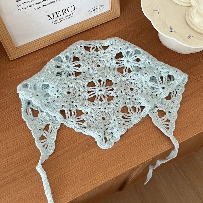 Fashion Knitted Headscarf for Women – French Pastoral Crochet Triangle Headband with Retro Floral Design | Handmade Hair Accessory