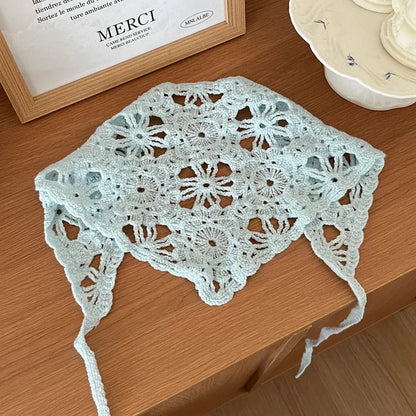 Fashion Knitted Headscarf for Women – French Pastoral Crochet Triangle Headband with Retro Floral Design | Handmade Hair Accessory