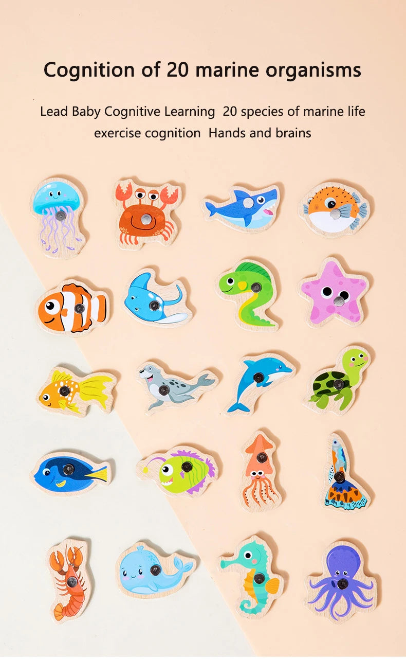 Jouet de Pêche Magnétique en Bois – Jeu d'Apprentissage Montessori sur la Vie Marine, Activité de Pêche Éducative Précoce pour Bébé, Jouet de Développement Cognitif Interactif Parent-Enfant pour Enfants
