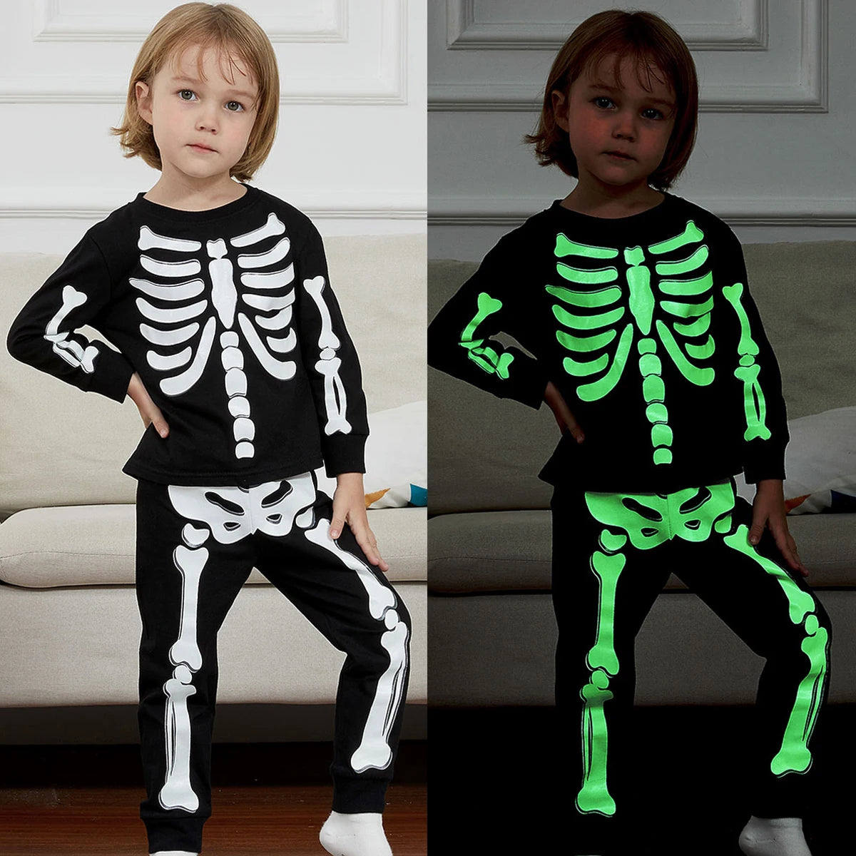Kids Halloween Skeleton Pajamas Set, Glow-in-the-Dark Toddler Boys and Girls Sleepwear, Unicorn Print Infant Nightwear, 2-Piece Costume Outfit for Halloween and Carnival