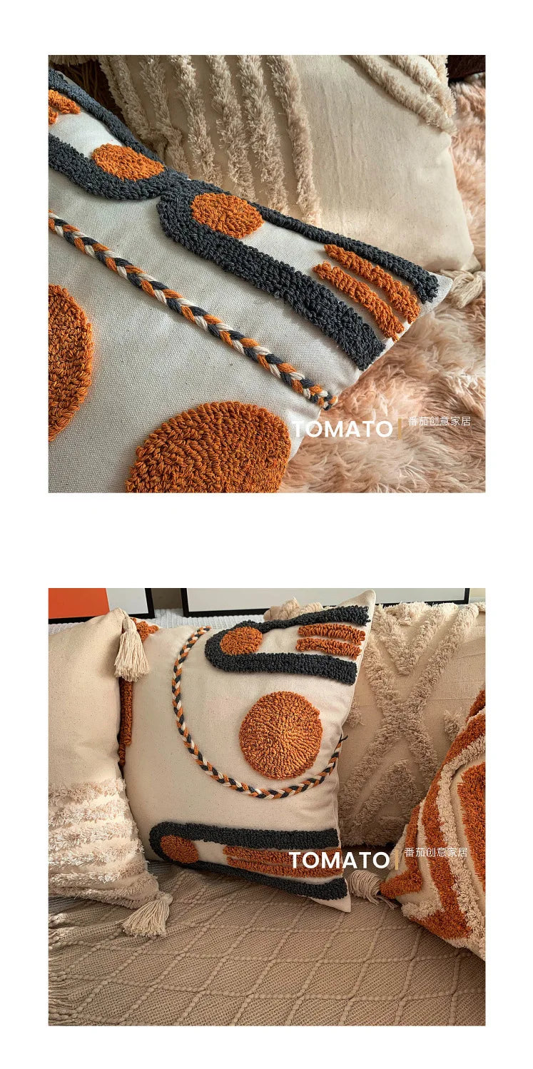 Boho Embroidered Throw Pillow Cover - Geometric Tassel Cushion Cover for Sofa, Living Room & Home Decor