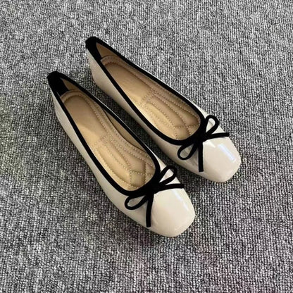 Women's Patent Leather Ballet Flats – Square Toe Bow Slip-On Shoes, Soft Sole Casual Flats for Spring & Summer