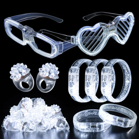 Juego de recuerdos LED para bodas – Gafas luminosas, pulseras que brillan en la oscuridad y anillos parpadeantes para bodas