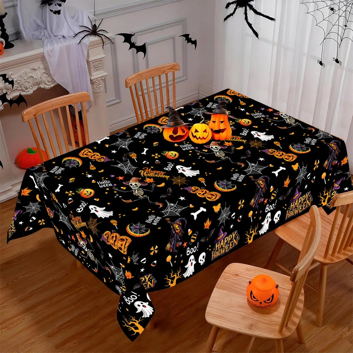 130×220CM Halloween Disposable Plastic Tablecloth – Black Ghost, Skeleton & Witch Pattern Table Cover for Halloween Party Supplies