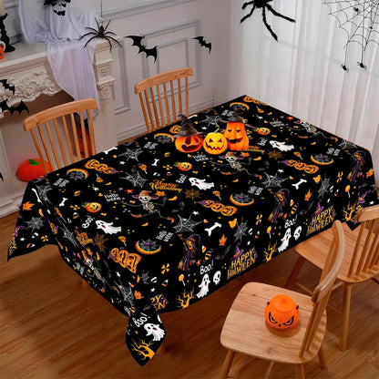 130×220CM Halloween Disposable Plastic Tablecloth – Black Ghost, Skeleton & Witch Pattern Table Cover for Halloween Party Supplies