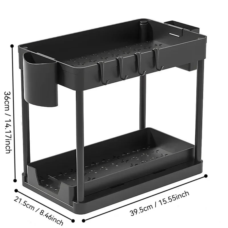 2-Tier Kitchen Sink Organizer – Sliding Cabinet Basket with Hooks & Cups for Space-Saving Storage