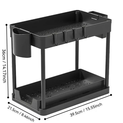 2-Tier Kitchen Sink Organizer – Sliding Cabinet Basket with Hooks & Cups for Space-Saving Storage