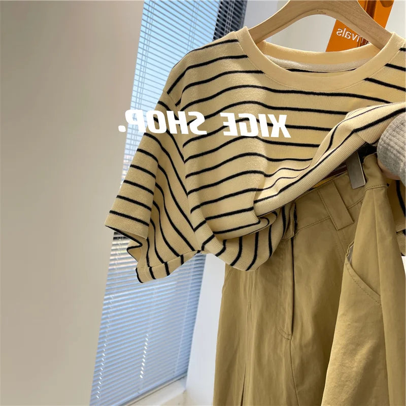 Women’s Korean Style Oversize Striped T-Shirt Loose Casual Short Sleeve Cotton Summer Commute Top