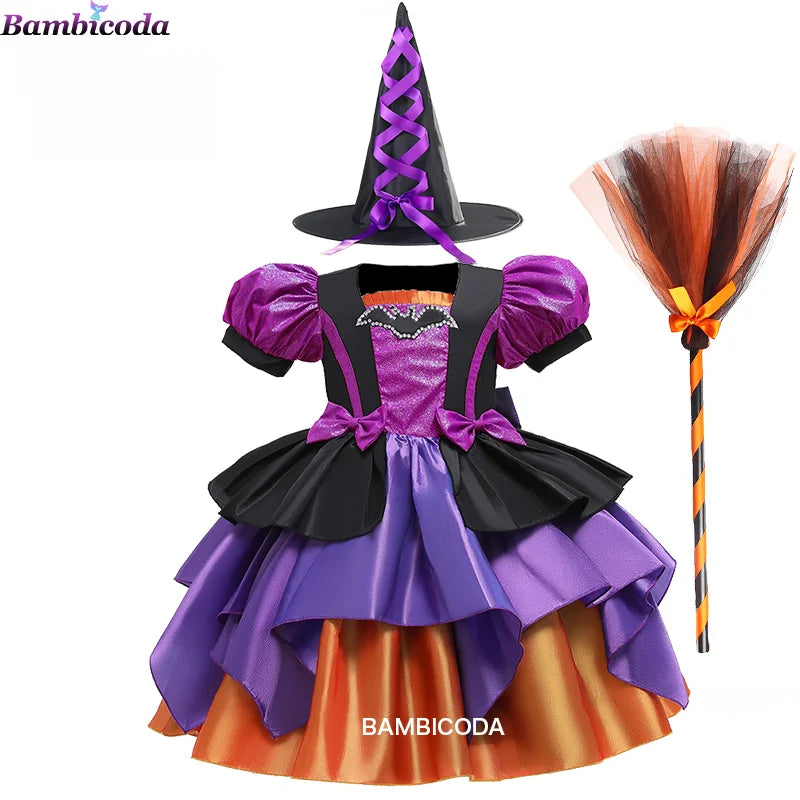 Girls Pumpkin Halloween Costume Dress – Fancy Bat Print Witch Princess Ball Gown for Cosplay, Festival & Party
