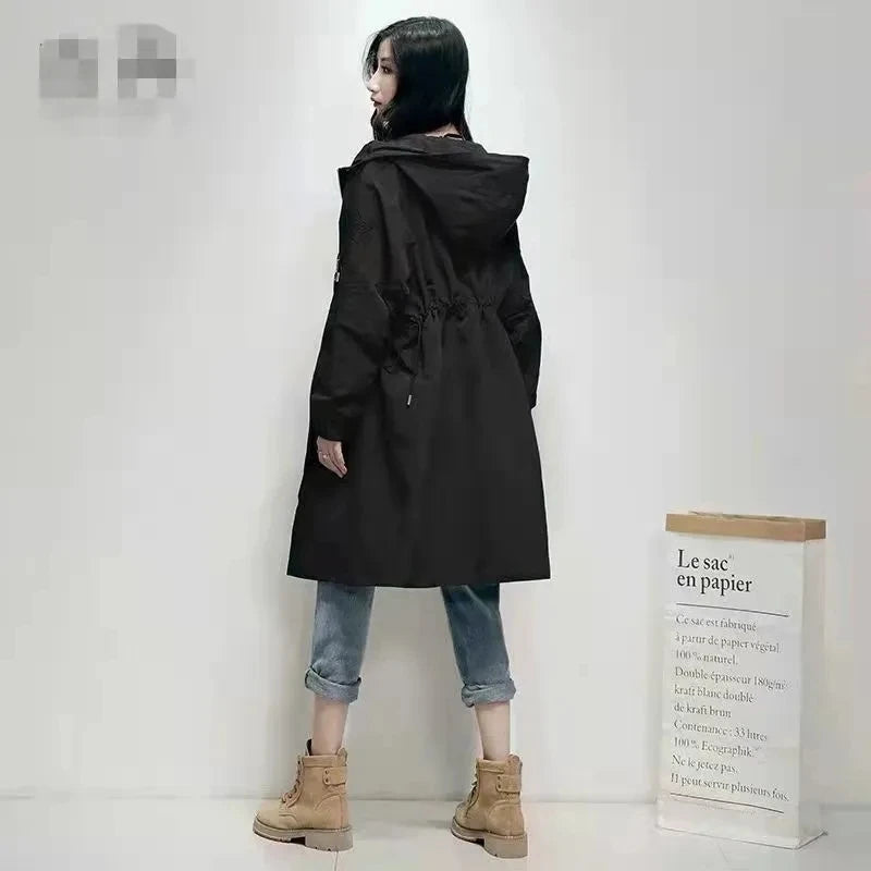 Women’s Long Embroidered Windbreaker – Chic Loose-Fit Coat with Waist-Defining Design, Hong Kong-Inspired Spring & Autumn Outerwear